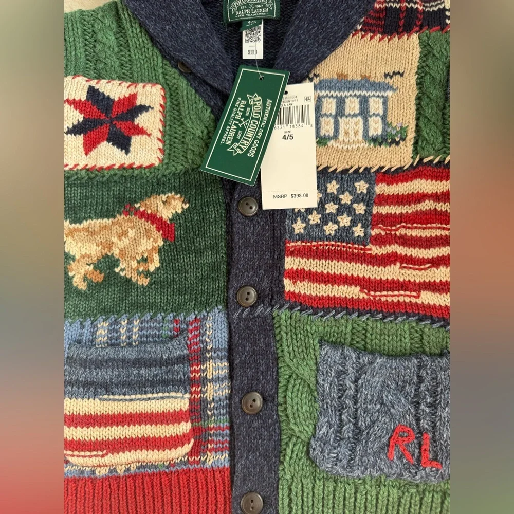 NWT! Ralph Lauren Patchwork Cotton-Blend Shawl Cardigan Boys size 4/5